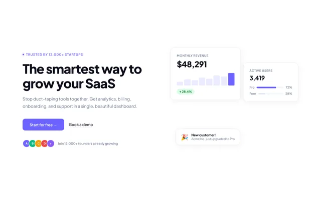 Preview of split hero with dashboard